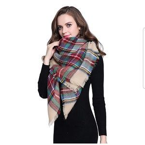 Buttons and Pleats Women Plaid Blanket Shawl Scarf